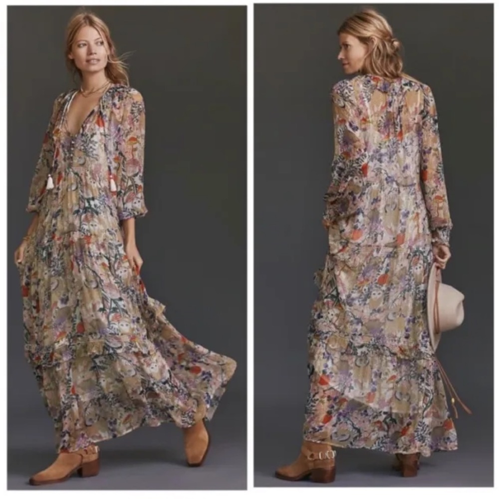 Anthropologie Chiffon Owl Floral Maxi XS